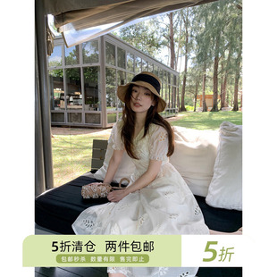 你好卡农 荷叶V领镂空刺绣连衣裙女春夏2025新款高腰短袖a字长裙