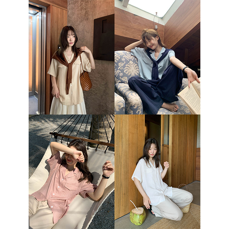 你好卡农宽松对称翻盖衬衫古巴领