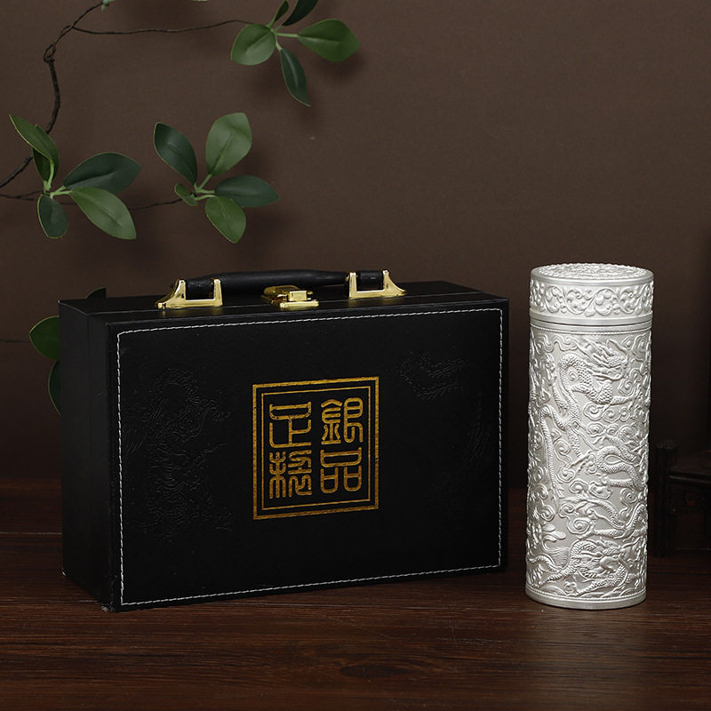 九龙浮雕礼品水杯渡银保温水杯足银内胆过滤茶杯家用商务摆件
