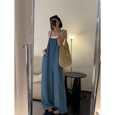 复古调调牛仔背带裤女夏季2025新款减龄宽松休闲显瘦连体阔腿裤薄