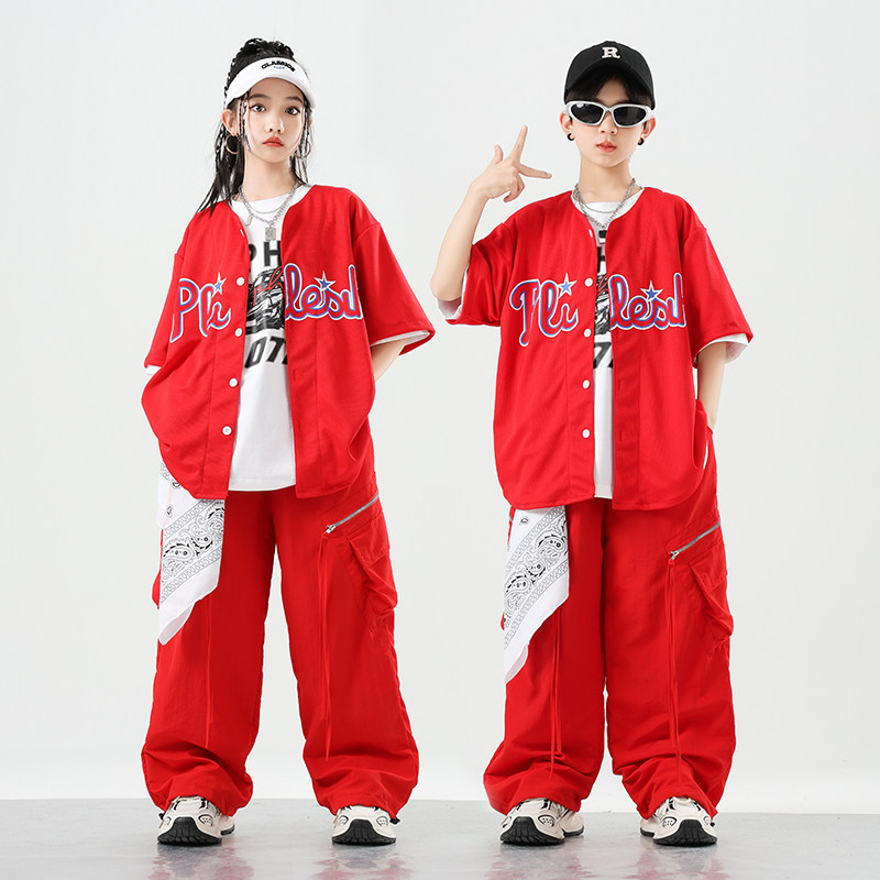 六一少儿街舞表演出服套装hiphop男童女童红色棒球服外套短袖夏季