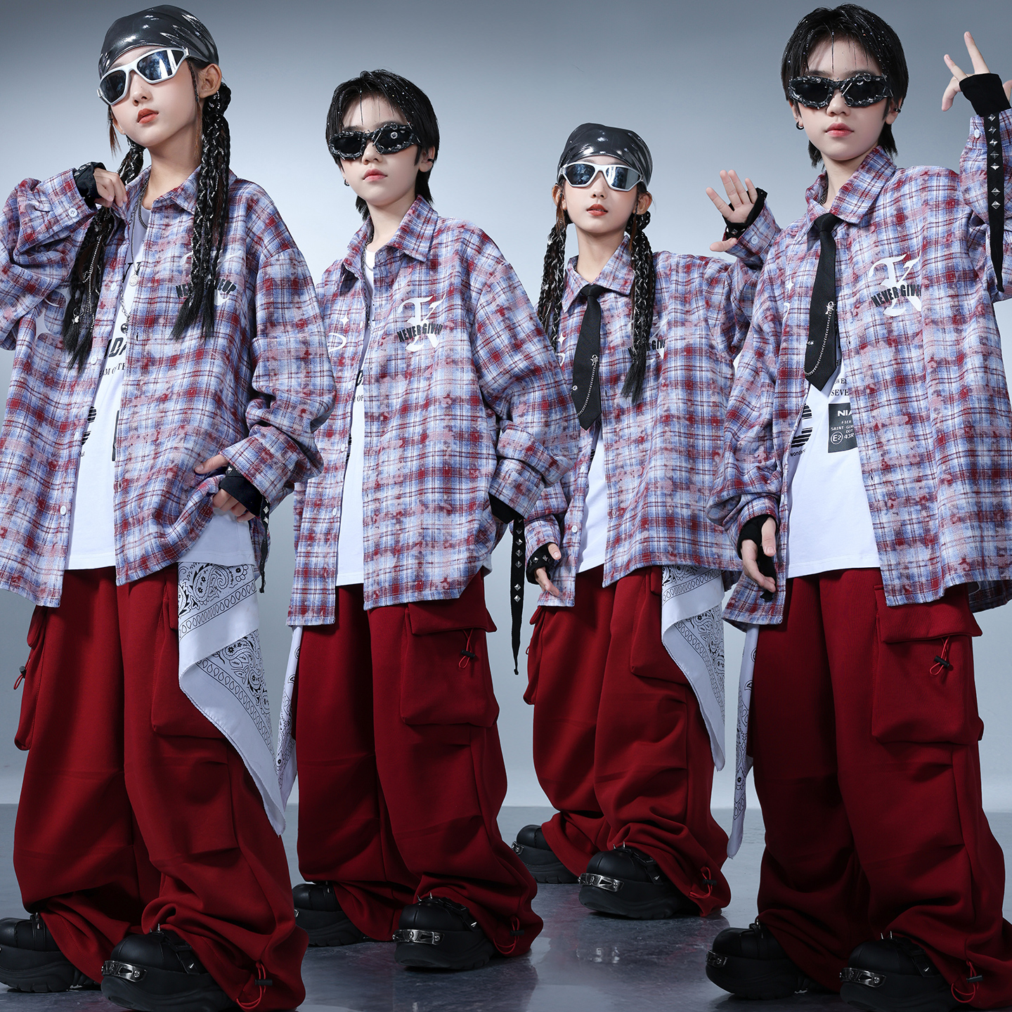 街舞嘻哈儿童紫色格子衬衫外套酷