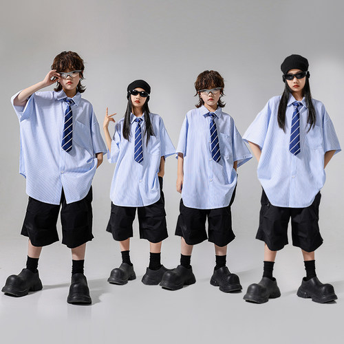 儿童街舞嘻哈演出服蓝色条纹衬衫