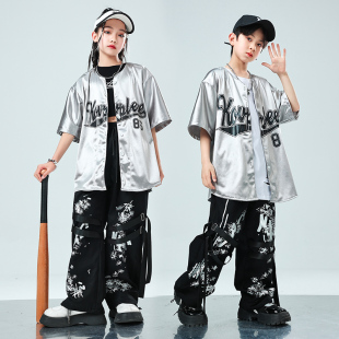 街舞儿童潮服银色棒球服外套男童嘻哈爵士舞女孩表演服走秀摄影夏