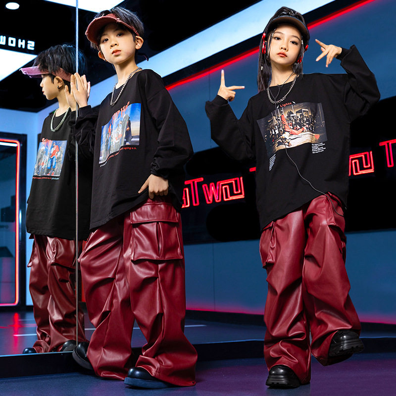 街舞表演服长袖体恤红色皮裤少儿