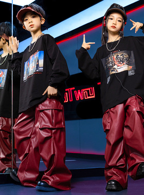 儿童长袖T恤演出服嘻哈街舞潮服男女童宽松hiphop红色工装皮裤酷