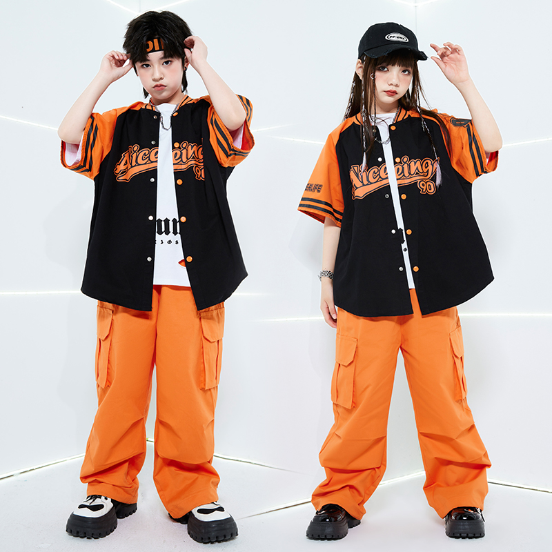 儿童街舞套装hiphop潮酷男童嘻哈棒球服短袖外套演出服2024新品夏