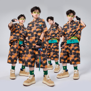 男童嘻哈街舞演出服酷帅短袖南瓜印花色衬衫短裤套装儿童hiphop潮