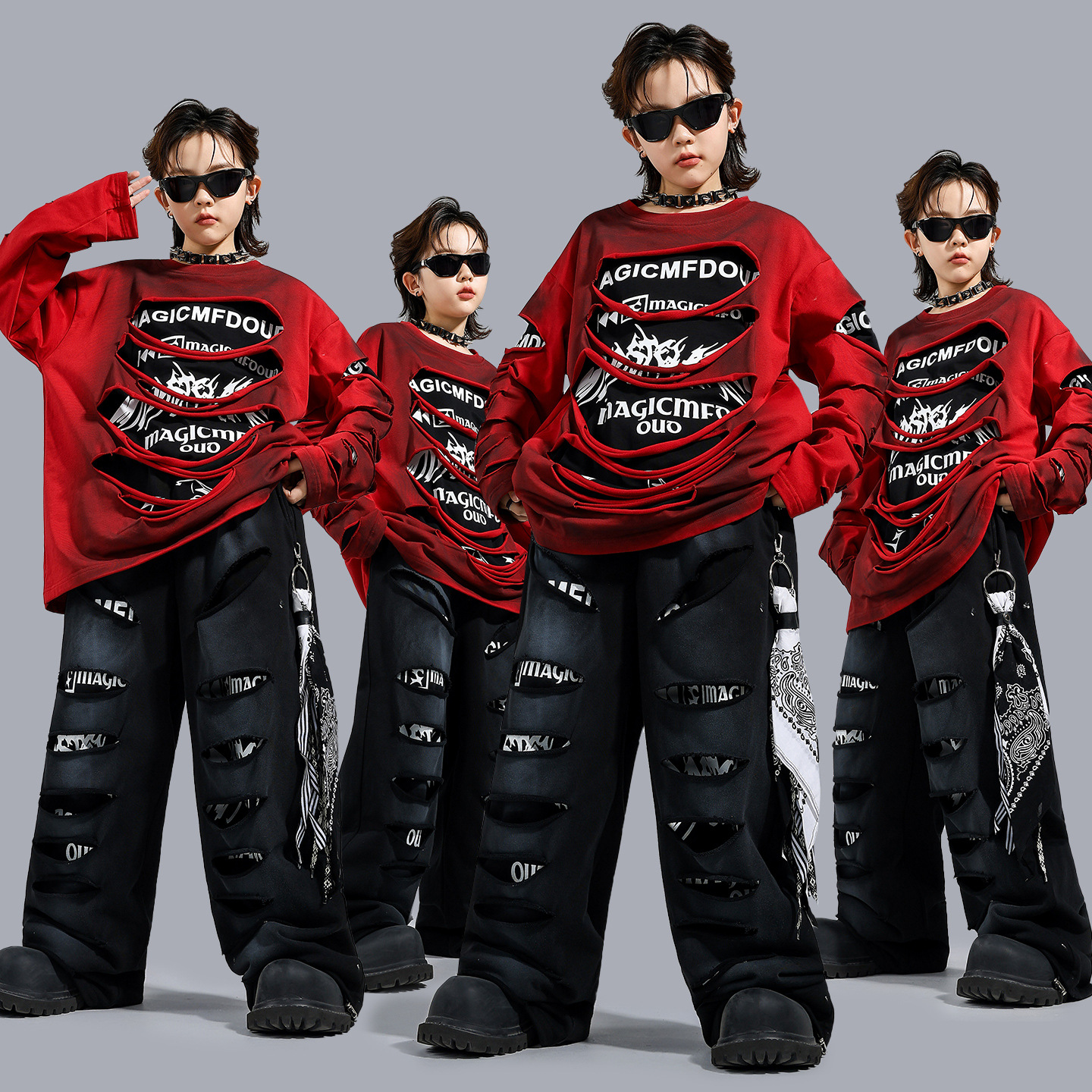 儿童嘻哈街舞演出服套装破洞个性