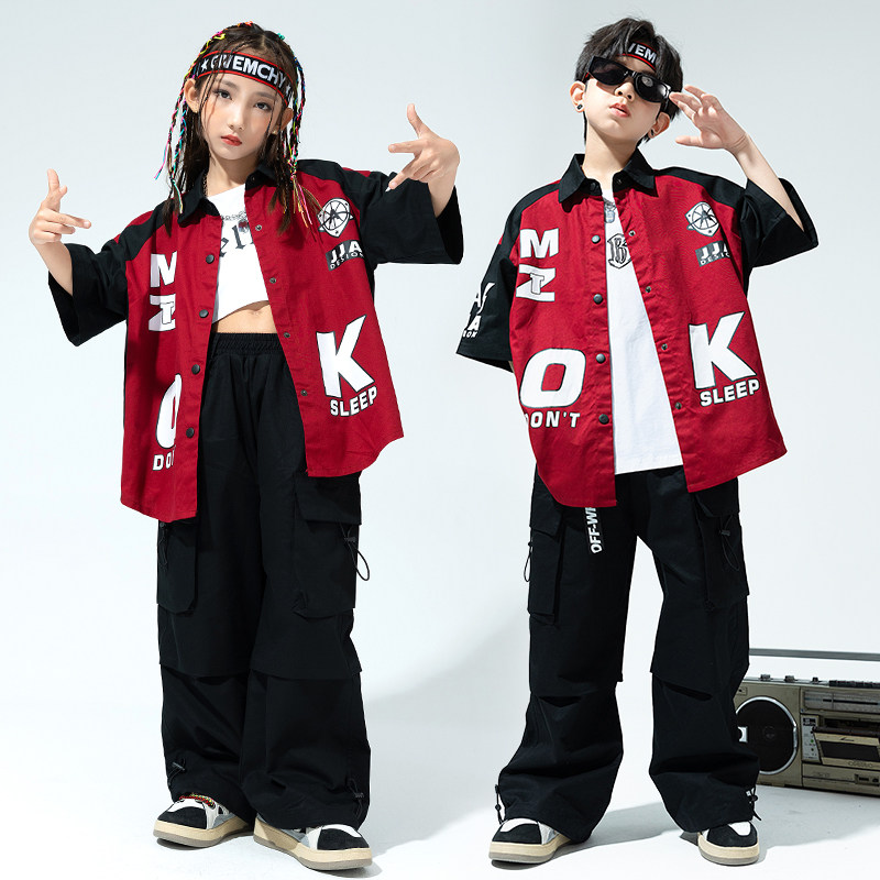儿童街舞服嘻哈爵士舞表演服套装男女童hiphop棒球服外套短袖夏季