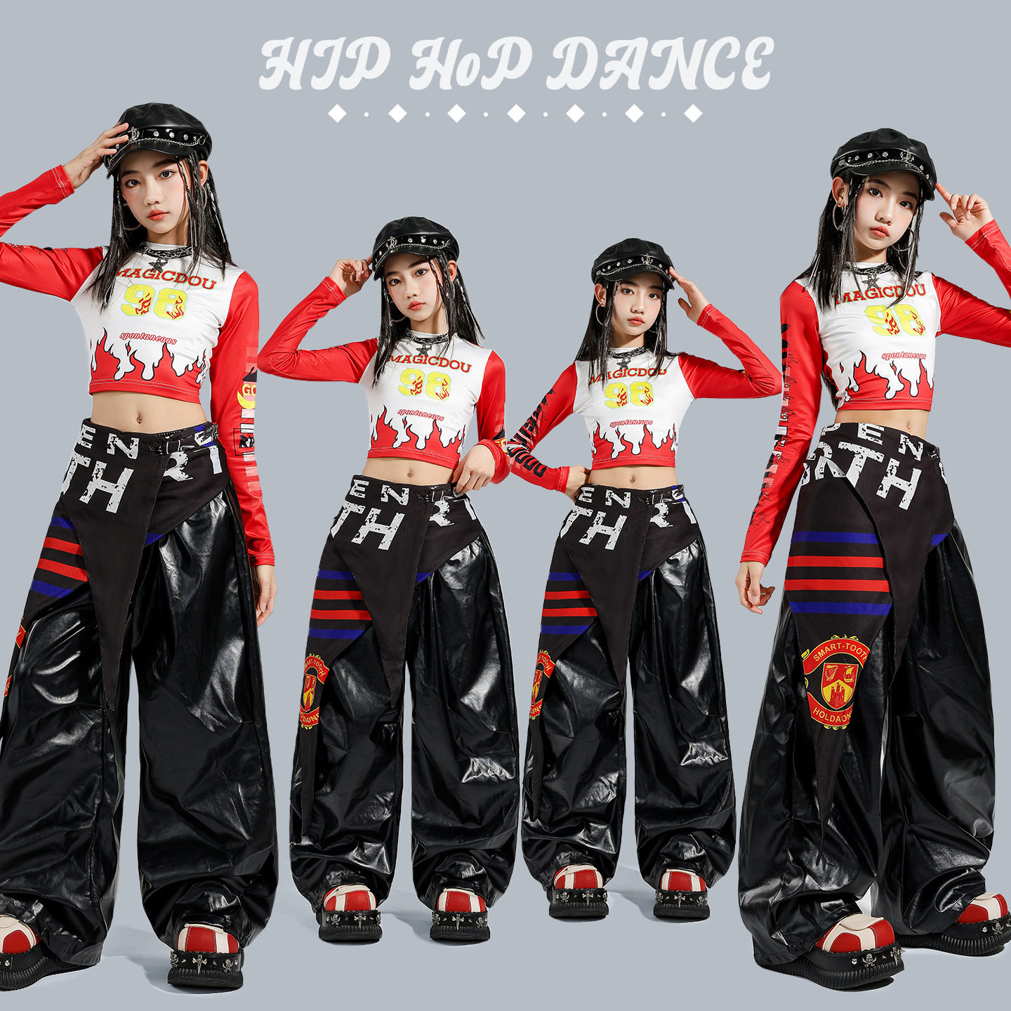 女童爵士舞露脐火焰皮裤演出套装