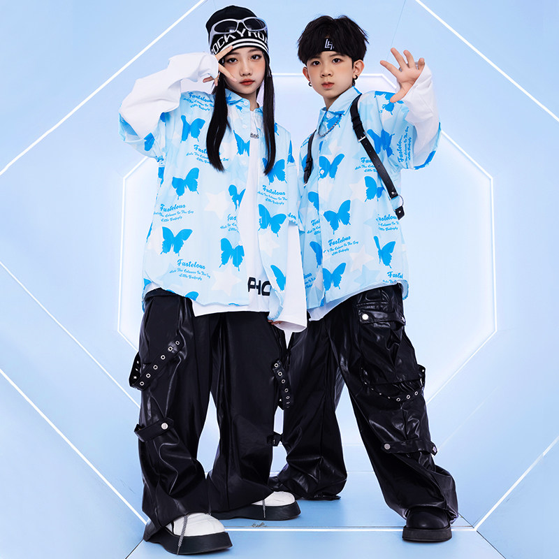 儿童街舞演出服男女童hiphop炸街港风蓝色衬衫蝴蝶套装潮牌皮裤酷,童装/婴儿装/亲子装,儿童演出服,淘宝优惠券,粉丝福利购,淘宝优惠卷