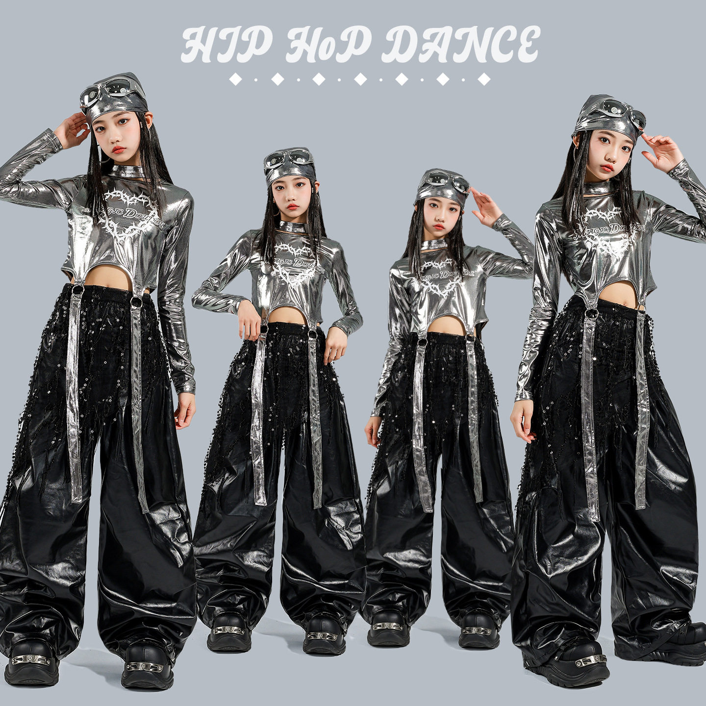 女童爵士舞走秀露脐演出套装银色