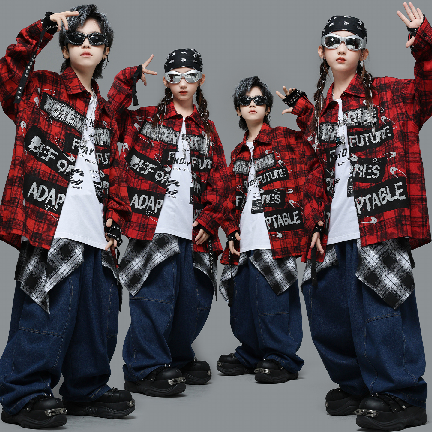 儿童街舞演出服套装红色格子衬衫