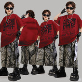 红色字母半袖 儿童街舞服嘻哈男女童迷彩中裤 潮酷宽松hiphop套装