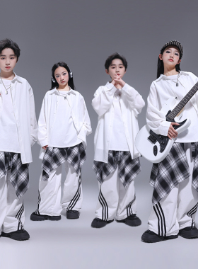 少儿嘻哈街舞表演服男女童白色衬衫长袖炸街hiphop跳舞走秀套装酷