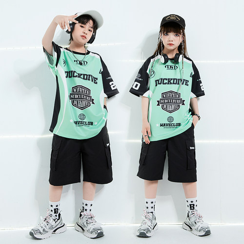 儿童嘻哈街舞hiphop绿色球衣短袖
