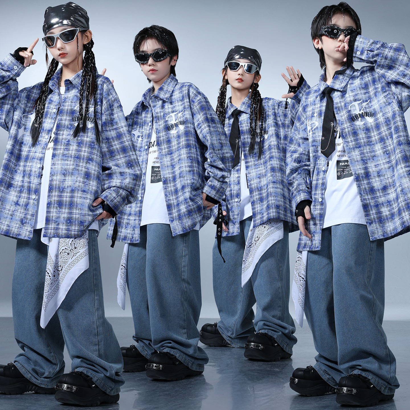 儿童街舞服嘻哈蓝色格子衬衫经典
