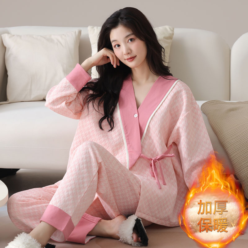 浪莎夹层夹棉睡衣女秋冬厚款套装