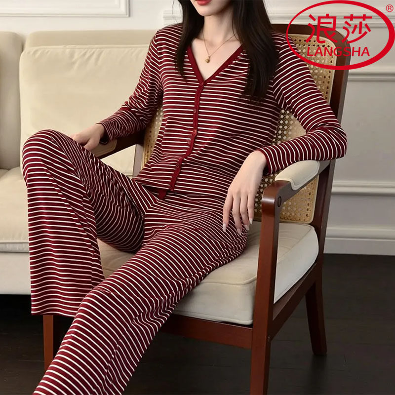 浪莎纯棉睡衣女款秋春长袖两件套