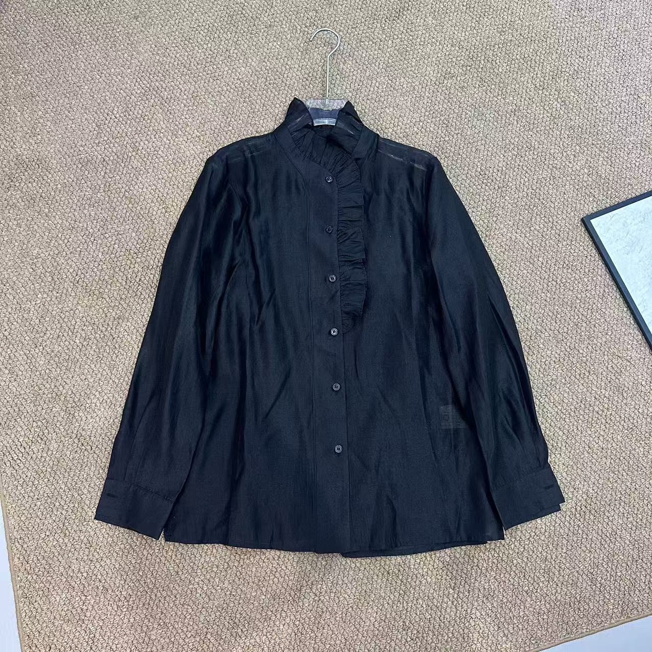 高端新中式醋酸木耳拼接长袖衬衫