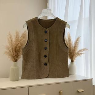 毆貨鹿絨感100羊皮無(wú)袖 皮衣馬甲潮 坎肩女高級(jí)感通勤簡(jiǎn)約百搭短款