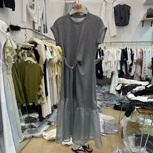欧洲站2026新圆领中长款荷叶边拼接连衣裙背心T恤裙通勤简约百搭