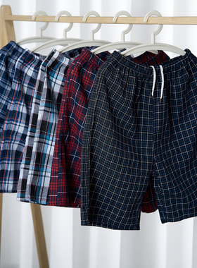 夏季纯棉沙滩裤男宽松休闲五分睡裤大码居家格子短裤速干大裤衩薄