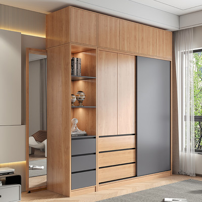 新品欧推拉衣柜现代简约实木卧室家用柜子小户型门门原木北成移品