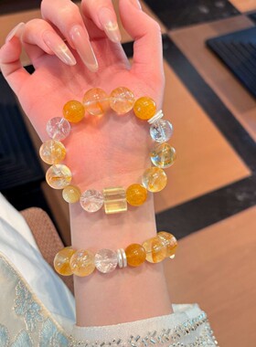 天然水晶手串东海水晶原创天然金锂云母黄胶花水晶手串女生饰品