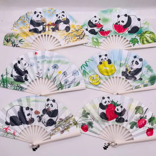 古风中国风扇子古风熊猫扇子成都旅游景区双面绢布折扇