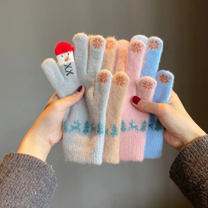 毛线手套女冬季可爱卡通雪人针织可触屏防寒保暖骑车五指冬天圣诞