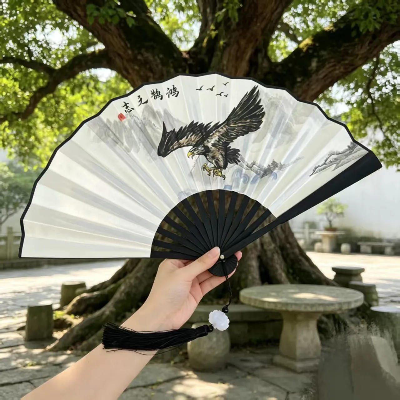 墨韵鸿鹄之志折扇雄鹰展凌云国风抒志古风文创礼品便携塑料装饰扇