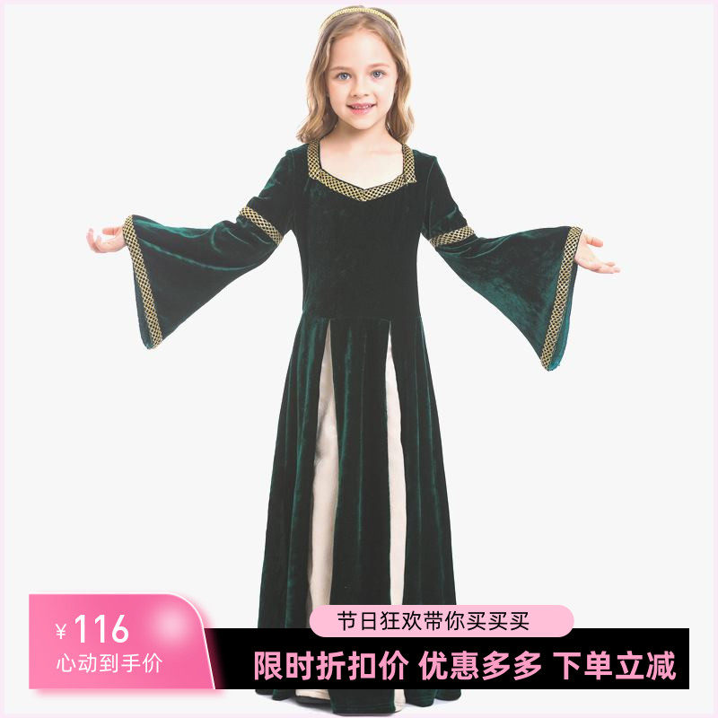 文艺复兴复古中世纪女童服装 歌舞剧舞台演出服墨绿色喇叭袖长裙