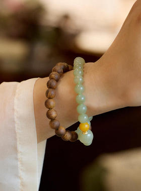 沉香手串女士盘玩天然和田玉串珠双圈手链新中式国风好运珠手链