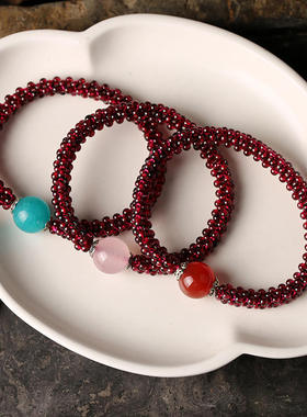 天然石榴石手链女紫牙乌水晶饰品天河石粉晶玛瑙编织手排