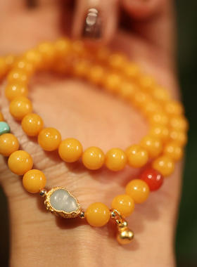 天然7MM双层蜜蜡手链女S925银葫芦福禄好运多圈手串个性饰品