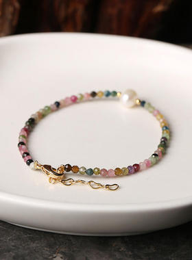 时尚天然碧玺淡水珍珠手链 气质简约彩虹色森系学生手环纤细切面