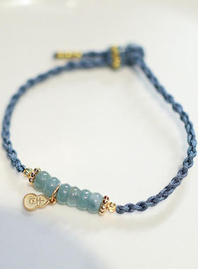 天然蓝水翡翠手链女冰种蓝水算盘珠手链S925银手工编织手绳