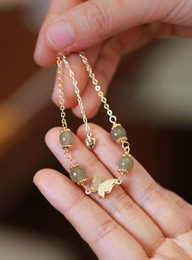 天然和田玉链条手链 和田玉蝴蝶复古手饰 国潮风网红气质玉石手链