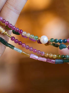 天然碧玺手链女六字真言路路通彩虹碧玺手链糖果色宝石手链