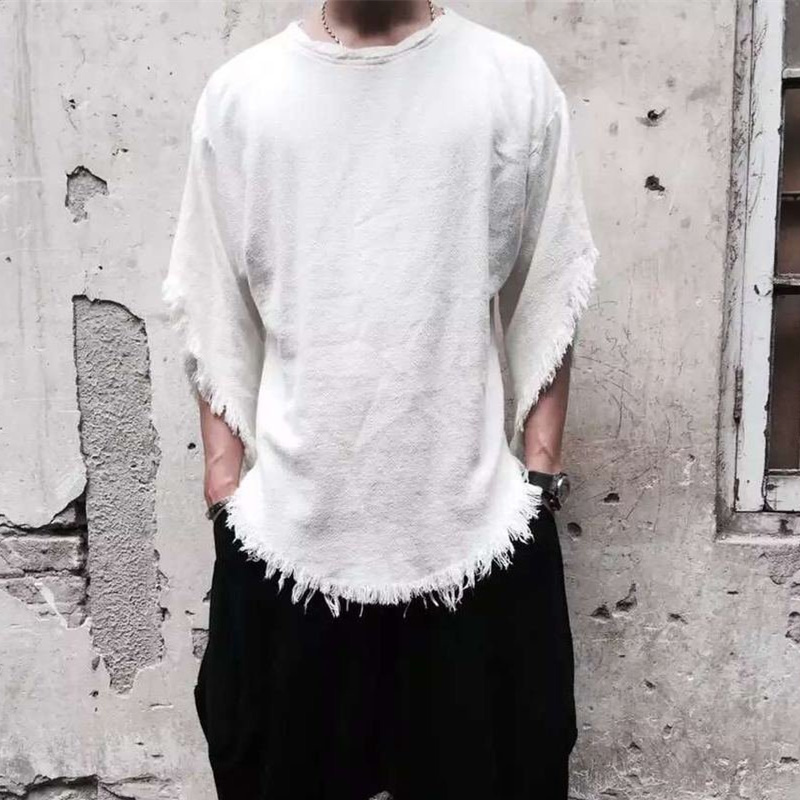 毛边个性棉麻破洞发型师短袖t