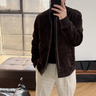 Valmonti秋冬男士阿塞拜疆混种山羊皮反绒小立领休闲百搭皮衣夹克