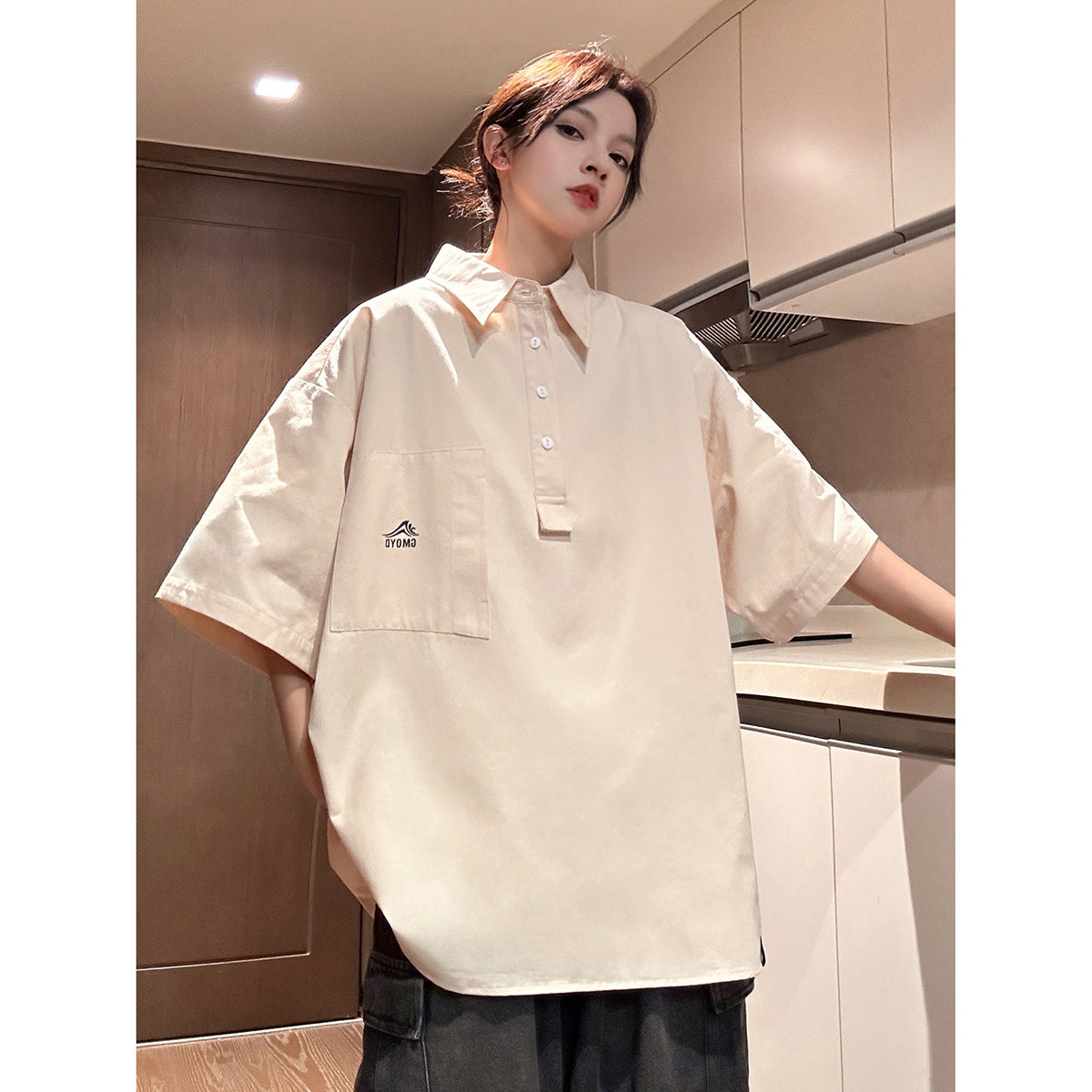 916-C60-P48棉夏装套头大码短袖衬衫中性M-5XL，男装衬衫，星座916