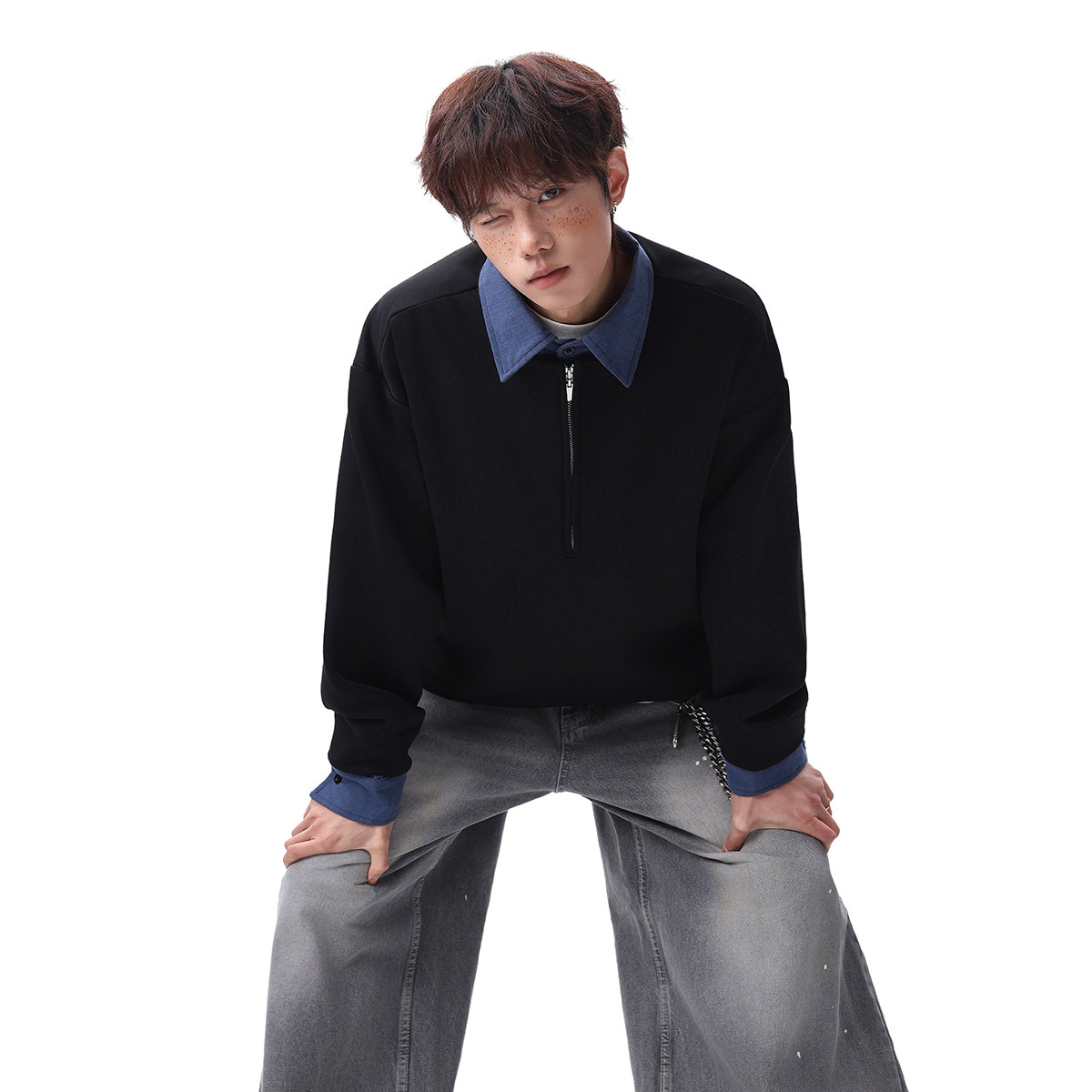 916-W97-特P55无差价现货重磅2026春装新拼接假两件卫衣无影墙，男装卫衣，星座916