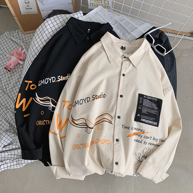 916-C12-P50100%棉秋装美式宽松大码长袖衬衫港风平铺，男装衬衫，星座916