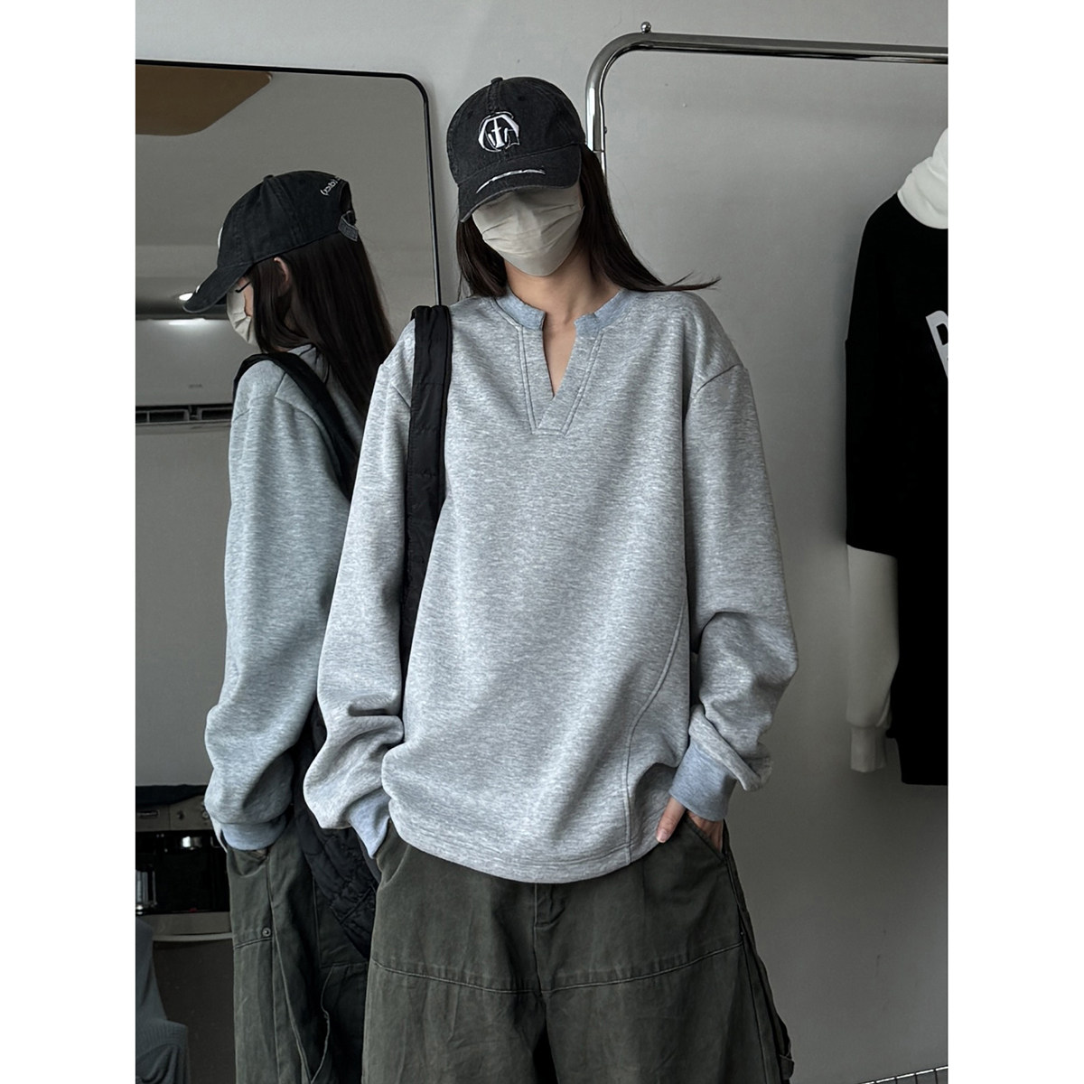 916-W82-特P33无差价重磅310克2025春装亨利领美式V领卫衣暗黑,男装卫衣,星座916