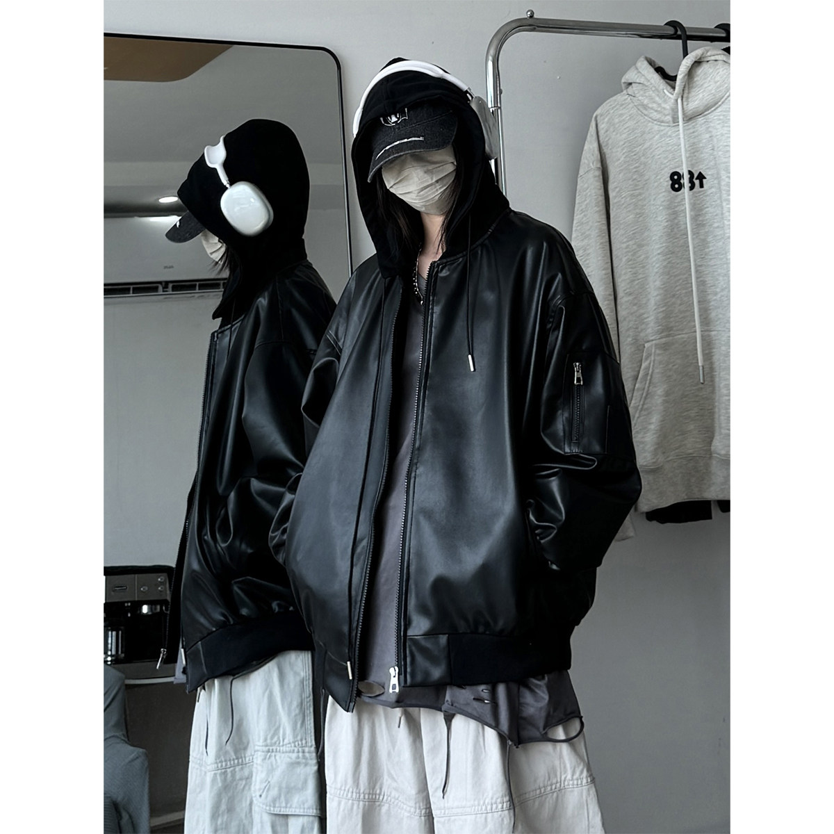 916-966-特P88无差价可脱卸帽春美式连帽PU皮衣夹克中性M-3XL,男装夹克,星座916