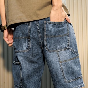 牛仔短裤男2025夏季薄款宽松直筒休闲潮牌破洞5六分工装男士裤子