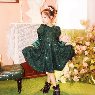 儿童礼服女童圣诞节服装墨绿色亮片连衣裙中大童简约泡泡袖公主裙
